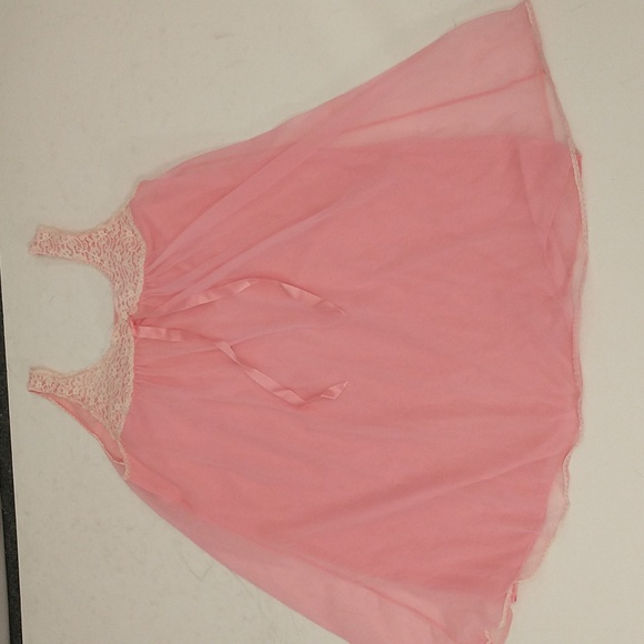 Vintage Candy Pink Nightgown Sheer over Opaque Lace w Ribbon Short Sleeveless - Picture 8 of 8